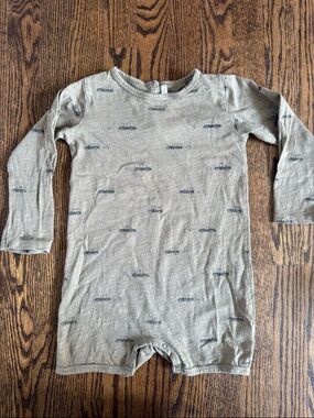 Rylee + Cru Olive Green Long-Sleeve Romper with Car Print